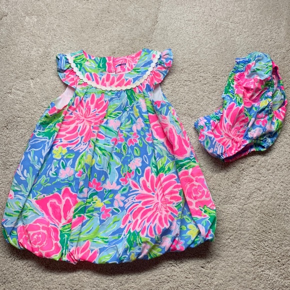 Lilly Pulitzer Pink and Blue Floral Toddler Kids Bubble Dress Size 18-24 M - Picture 2 of 4